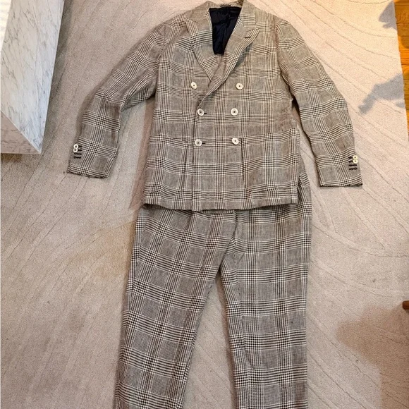 Massimo Dutti Brown Plaid Double-Breasted 100% Linen Suit - Picture 4 of 10